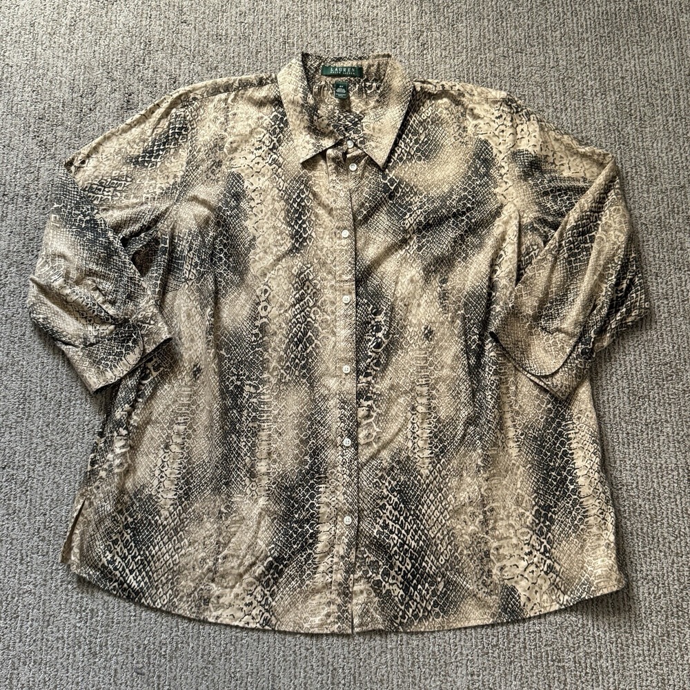 Lauren Ralph Lauren Womens 2X Button Up Shirt 3/4 Sleeve Cotton Reptile Print